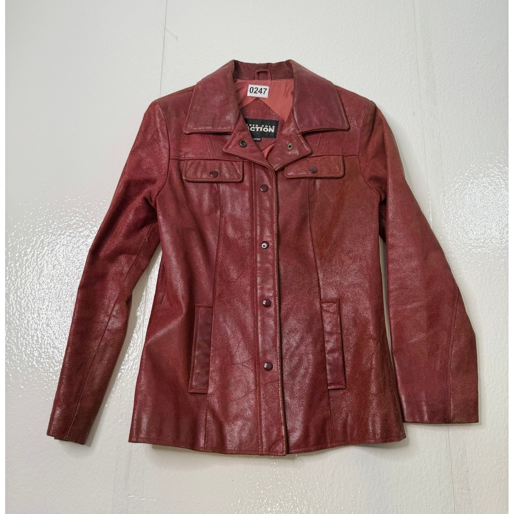 Kenneth Cole Reaction Burgundy Leather Jacket Womens XS Red Button Front Coat